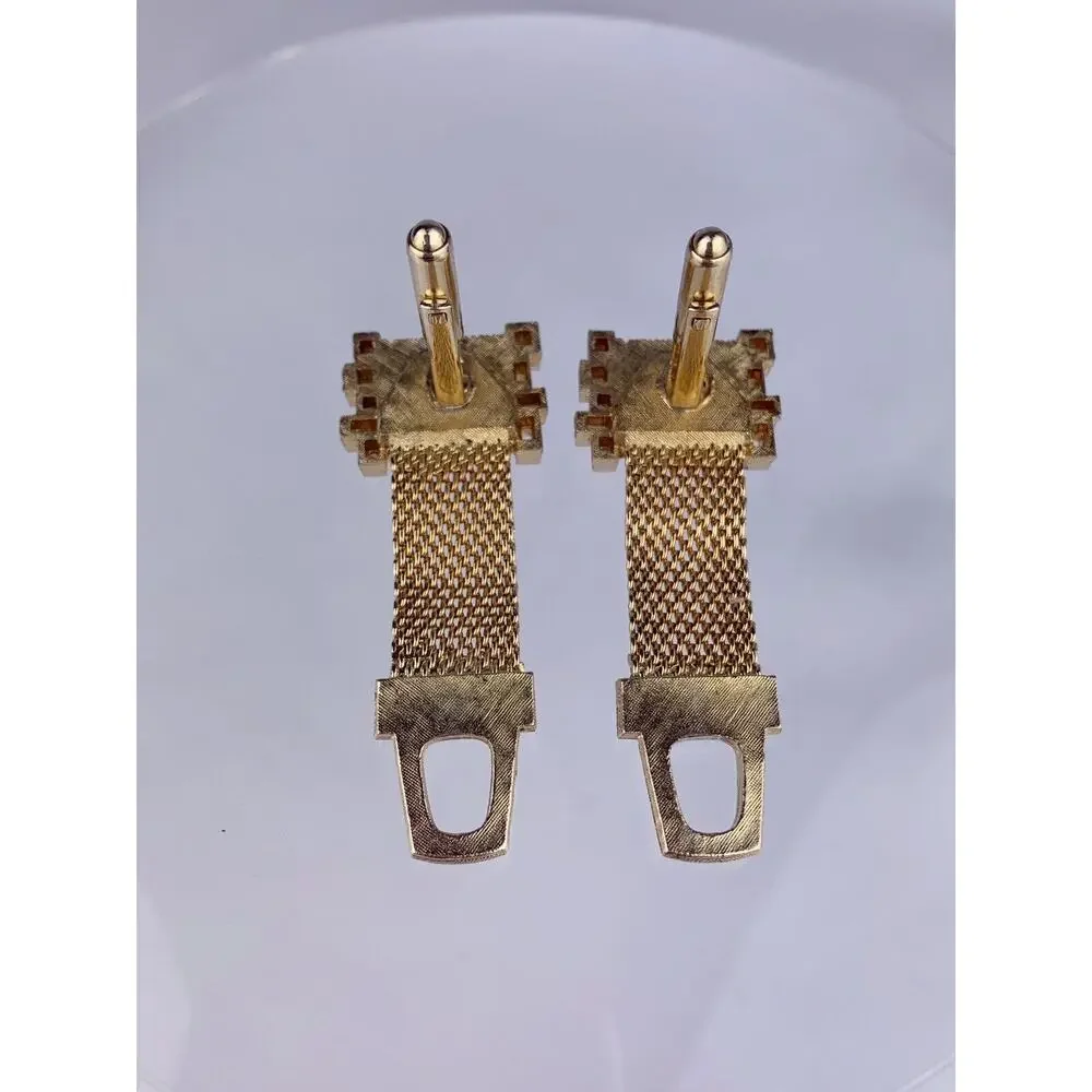 Tigers Eye Mesh Wrap Gold Tone Cufflinks Squares Modernist Retro